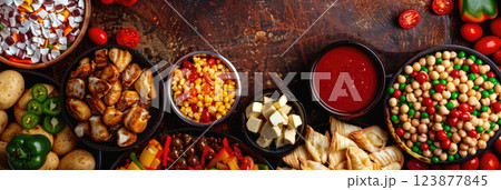 Zimbabwe Independence Day, festive dishes of national cuisine, horizontal banner, red background, copy space, free space for text 123877845
