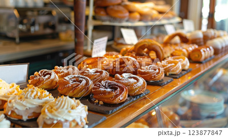 a horizontal banner, a showcase of a craft bakery shop, an assortment of bread and rolls on the shelves, a selection of sweet desserts and pastries 123877847