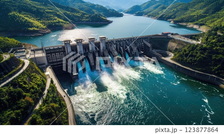 aerial view of the hydroelectric power plant, the use of natural energy sources, innovations and technologies of the future 123877864
