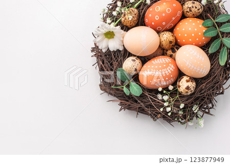 Easter nest with hand-painted eggs on a light background 123877949