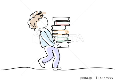Young boy pupil walk and carry stack school books. Continuous one line drawing. 123877955