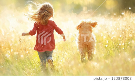 A young girl runs freely through grass with her dog, embracing the sunshine and genuine joy of the moment 123878008