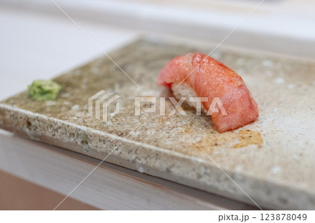 Premium otoro nigiri sushi, made from the fattiest part of high-quality Bluefin tuna 123878049