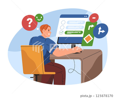 Driver taking test at classroom computer. Vector driving theory exam poster. Road rules education and online lesson. Digital auto examination or school assessment. License center, knowledge and study. 123878170