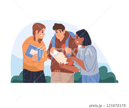 Student group sharing books and discussing academic topic. Vector cartoon poster for students life and teamwork, cooperation. Study or education library team. University and college, school literature 123878178