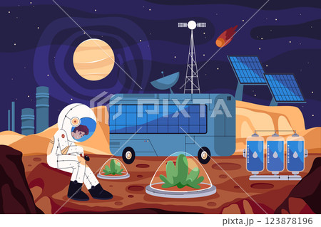 Mars base or red planet colony. Vector illustration of space colonization or first galaxy settlement with greenhouse and water. Cosmonaut at universe outpost on exploration mission. Spaceman journey. Mars base or red planet colony. Vector illustration of space colonization or first galaxy settlement with greenhouse and water. Cosmonaut at universe outpost on exploration mission. Spaceman journey. 123878196