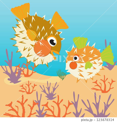 two blowfish character in the sea landscape 123878314