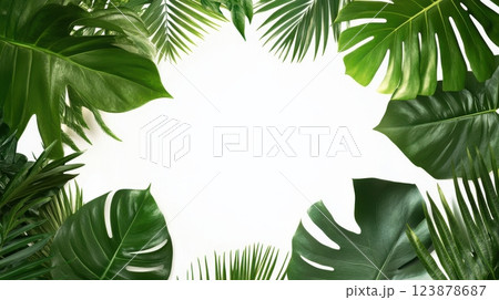 A collection of vibrant green tropical leaves arranged as a frame, featuring monstera, palm, and fern, with plenty of negative space in the center. Natural, fresh, and lively with soft lighting. 123878687