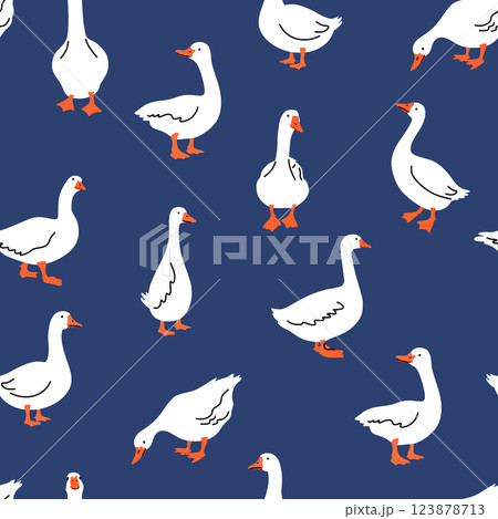 Seamless pattern of cute white cartoon style geese. Vector goose illustration on blue Seamless pattern of cute white cartoon style geese. Vector goose illustration on blue 123878713