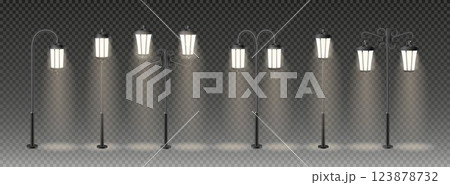 3d vector Modern and vintage city street lights row working at night. Urban electrical lightning system. Glowing retro lampposts 123878732