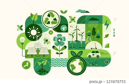 Sustain environment, green energy vector illustration. Ecology icons, recycle energy technology concept for eco friendly background. Save planet design in flat modern style, geometric shape 123878755