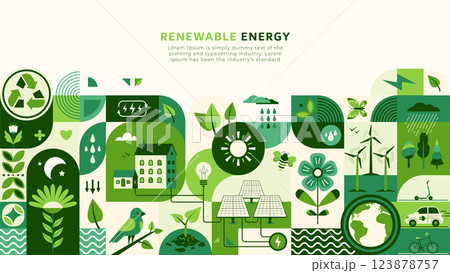 Sustain environment, green energy vector illustration. Ecology icons, recycle energy technology concept for eco friendly background. Save planet design in flat modern style, geometric shape 123878757