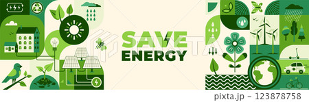 Green energy, sustain environment vector illustration. Ecology icons, recycle technology concept for eco friendly background. Save energy banner design in flat modern style, geometric shape Green energy, sustain environment vector illustration. Ecology icons, recycle technology concept for eco friendly background. Save energy banner design in flat modern style, geometric shape 123878758