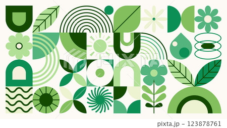 Green pattern vector illustration. Geometric nature graphic design in minimal flat modern style with leaf plant, flower, sun, organic geometry shape. Fresh eco herb composition 123878761