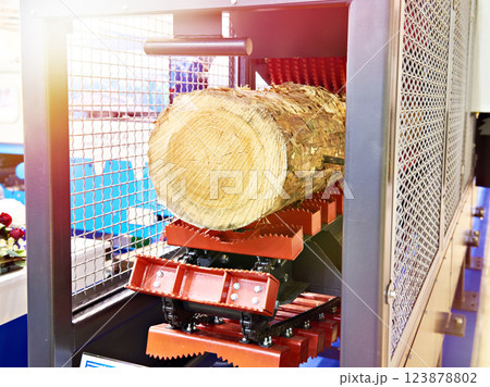 Log in wood working machine in factory Log in wood working machine in factory 123878802