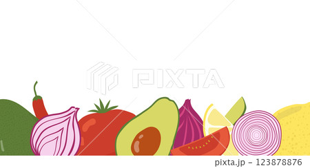 Healthy food organic vegetables. Hand drawn tomato, red onion, avocado, lemon and chili pepper. Healthy food organic vegetables. Hand drawn tomato, red onion, avocado, lemon and chili pepper. 123878876