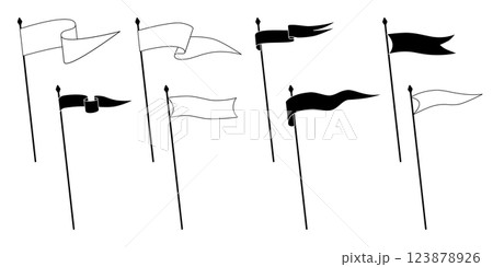 Retro pennant flags, banner pendants and waving blank signs on flagpoles, vector icon. Sport camp or university and varsity royal club pennant flags in white and black line outline or silhouettes Retro pennant flags, banner pendants and waving blank signs on flagpoles, vector icon. Sport camp or university and varsity royal club pennant flags in white and black line outline or silhouettes 123878926