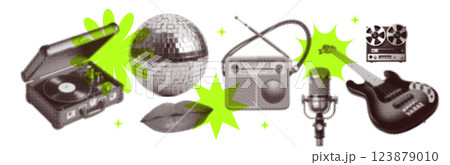 Vintage music collection with retro radio, vinyl player, mike, recorder isolated on transparent background, dotted halftone collage cut-out retro technology disco elements. Vector 123879010