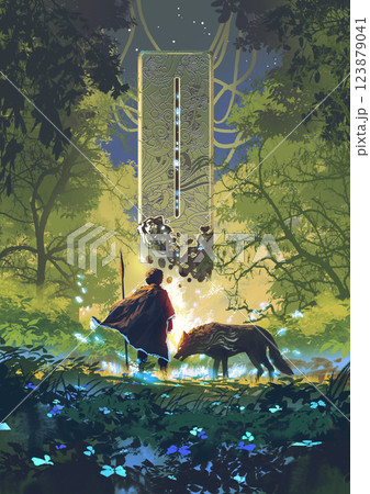 Young Boy and Mystical Wolf Discover a Sacred Stone 123879041