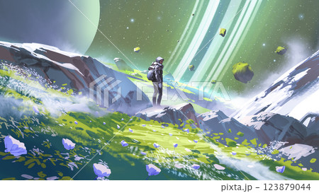 Astronaut Exploring a Lush Field on a Ringed Planet 123879044