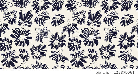 Seamless pattern with black and white hand drawn loose abstract flowers 123879061