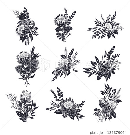 Black silhouettes of tropical protea flowers and leaves bouquets set Black silhouettes of tropical protea flowers and leaves bouquets set 123879064