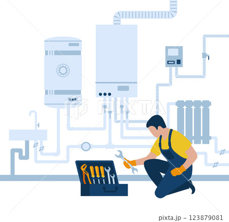 Plumber service, heating company technicians using tools. Home heating system. Home repair, maintenance and plumbing services 123879081