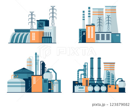 Electric energy power station generation types. Factory buildings of heavy industry, generating electricity Electric energy power station generation types. Factory buildings of heavy industry, generating electricity 123879082