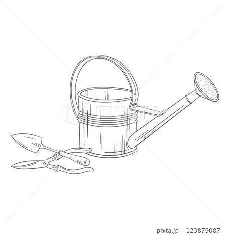 Watering can, trowel, pruning shears. Vector hand-drawn illustration. Ideal for gardening, spring planting, and eco-friendly themes. Perfect for sustainable, rustic visuals, summer design and decor 123879087