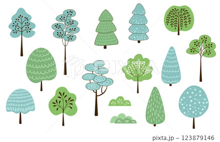 Cute trees with trunk, branches and leaf in simple doodle style 123879146
