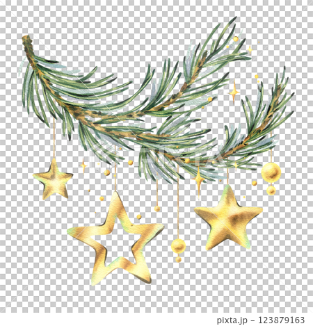 Golden Christmas stars and beads hanging on pine branches with sparkling stars. New Year, Christmas watercolor illustration hand drawn. Composition, sublimation, arrangement isolated from background Golden Christmas stars and beads hanging on pine branches with sparkling stars. New Year, Christmas watercolor illustration hand drawn. Composition, sublimation, arrangement isolated from background 123879163