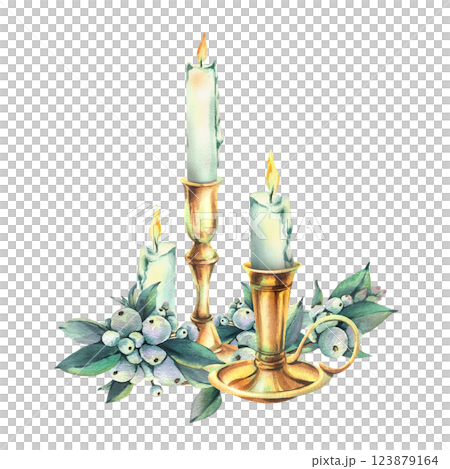 Burning white candles in vintage brass candlesticks, decorated with snowberry branches. New Year, Christmas watercolor illustration, hand-drawn. Composition, arrangement, sublimation isolated Burning white candles in vintage brass candlesticks, decorated with snowberry branches. New Year, Christmas watercolor illustration, hand-drawn. Composition, arrangement, sublimation isolated 123879164