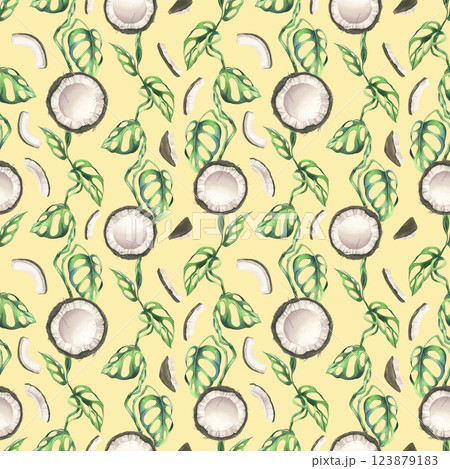 Coconuts whole, halves and pieces with bright, green, tropical palm leaves and yellow plumeria flowers. Hand drawn watercolor illustration. Seamless pattern on a yellowbackground 123879183