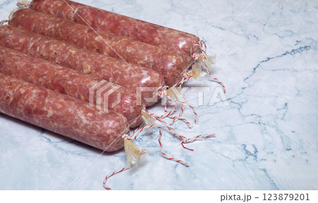 Homemade sausages with natural or synthetic casings. Homemade sausages with natural or synthetic casings. 123879201