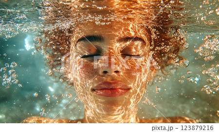 Close-up of a freckled woman submerged underwater with sunlight reflections. Creative underwater portrait. Water and serenity concept 123879216