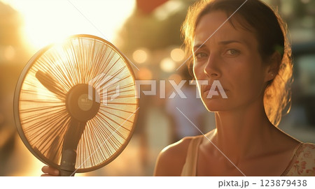 A woman using a handheld fanのイラスト素材 [123879438] - PIXTA
