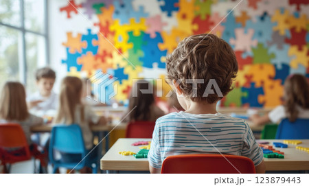 Children are sitting at their desks in a preschool classroom in a kindergarten decorated with multicolored jigsaw puzzles. World Autism Awareness Day 123879443
