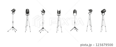 Spotlights set, stage and studio light, realistic hanging lamps. Spot lights and searchlights for concert. Vector Spotlights set, stage and studio light, realistic hanging lamps. Spot lights and searchlights for concert. Vector 123879500