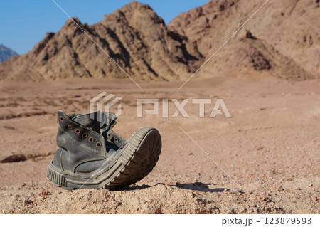 Old black boot in desert 123879593