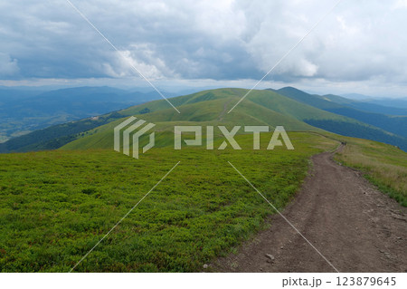 Beautiful Carpathian Mountains in Ukraine, Polonina Borzhava mountain range Beautiful Carpathian Mountains in Ukraine, Polonina Borzhava mountain range 123879645