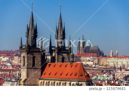 Gothic Church of Our Lady before Tyn with St. Vitus Cathedral and Prague Castle in background, Prague, Czech Republic, sunny day Gothic Church of Our Lady before Tyn with St. Vitus Cathedral and Prague Castle in background, Prague, Czech Republic, sunny day 123879681