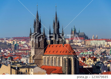 Gothic Church of Our Lady before Tyn with St. Vitus Cathedral and Prague Castle in background, Prague, Czech Republic, sunny day Gothic Church of Our Lady before Tyn with St. Vitus Cathedral and Prague Castle in background, Prague, Czech Republic, sunny day 123879685