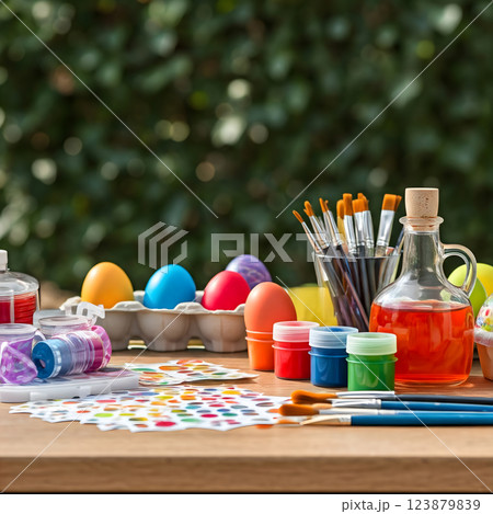 Easter craft setup with colorful eggs, paints, brushes, and a jar of liquid on a wooden table with a blurred garden background 123879839
