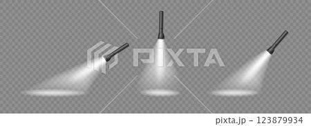 Flashlight, light bulb, spotlight, advertisement. Lantern silhouette on a transparent background. Vector 123879934