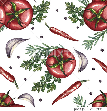 Seamless pattern with vegetables. A hand-drawn watercolor illustration. Color image of tomatoes, garlic, herbs and spices. Great for textiles, kitchen decor, tablecloths, menus, packaging. 123879952