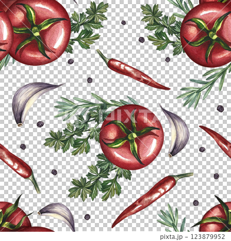 Seamless pattern with vegetables. A hand-drawn watercolor illustration. Color image of tomatoes, garlic, herbs and spices. Great for textiles, kitchen decor, tablecloths, menus, packaging. 123879952