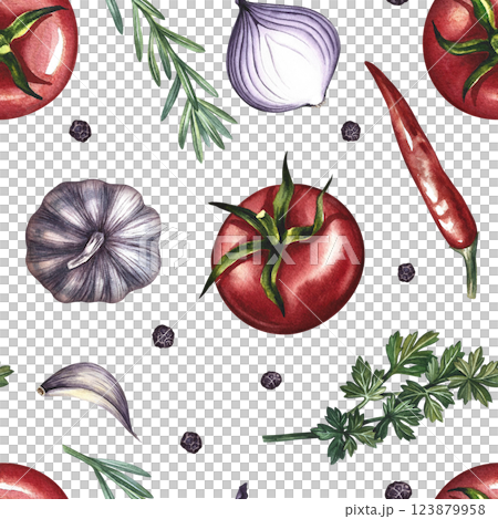 Seamless pattern with vegetables. A hand-drawn watercolor illustration. Color image of tomatoes, garlic, onions, herbs and spices. Great for textiles, kitchen decor, menus, recipe books, packaging. 123879958