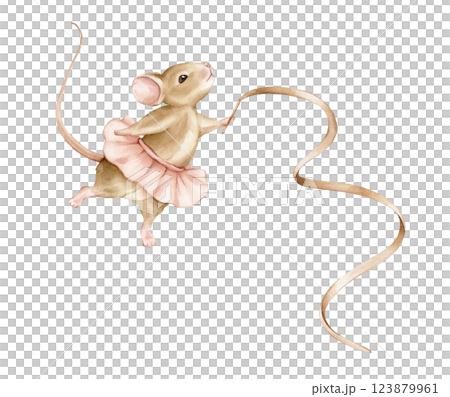 Hand drawn watercolor illustration mouse ballerina with ribbon in a pink tutu . Beige brown animals dancing for girls baby shower card. Cute illustration for childish posters or nursery wall art 123879961