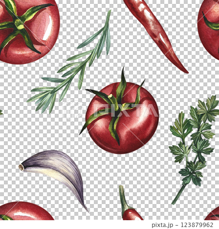 Seamless pattern of tomatoes and spices. A hand-drawn watercolor illustration. A color image with ingredients for ketchup or sauce. Great for textiles, kitchen decor, menus, recipe books, packaging. Seamless pattern of tomatoes and spices. A hand-drawn watercolor illustration. A color image with ingredients for ketchup or sauce. Great for textiles, kitchen decor, menus, recipe books, packaging. 123879962