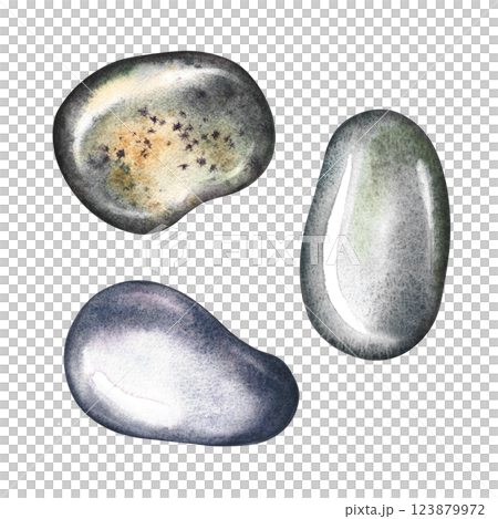 A set with sea stones. A hand-drawn watercolor illustration. Color images of clip art of beach pebbles. Separate from the background. Perfect for packaging, labels, postcards, invitations and more. A set with sea stones. A hand-drawn watercolor illustration. Color images of clip art of beach pebbles. Separate from the background. Perfect for packaging, labels, postcards, invitations and more. 123879972